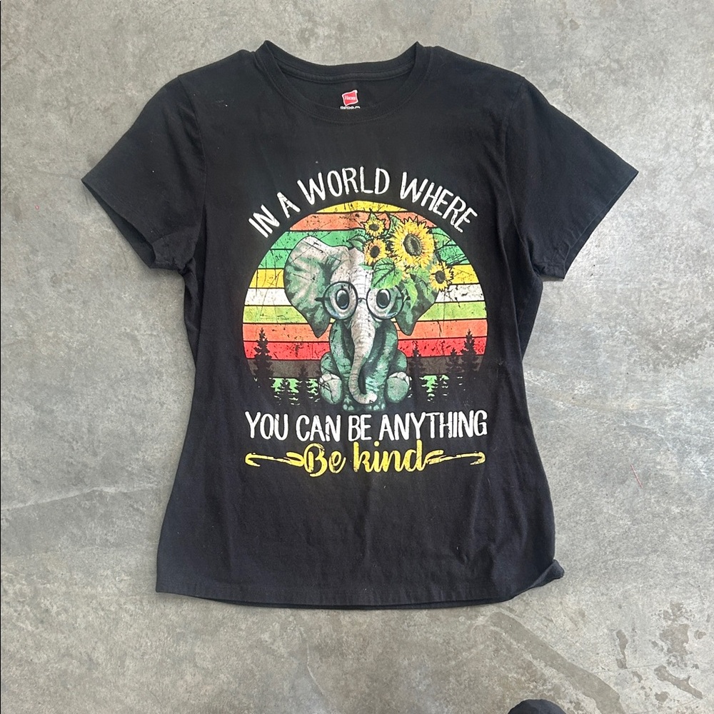 Black Graphic T-Shirt with Elephant and Sunflower Design